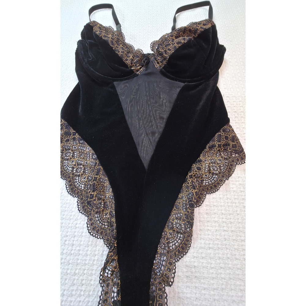 Victoria's Secret Bodysuit Women 36C Black Gold Velvet Lace Lingerie